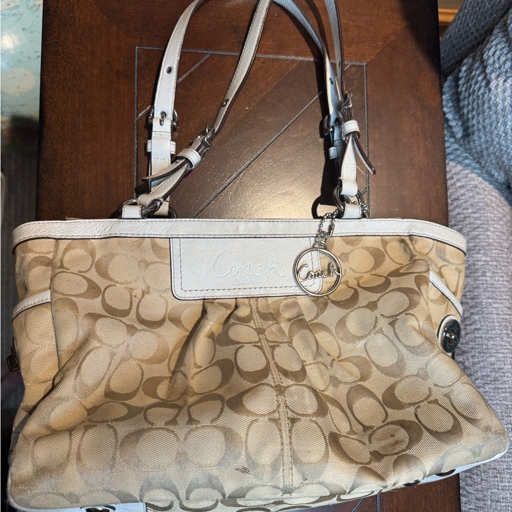 Coach Signature White Leather‎ Trimmed Canvas Shoulder Handbag Purse